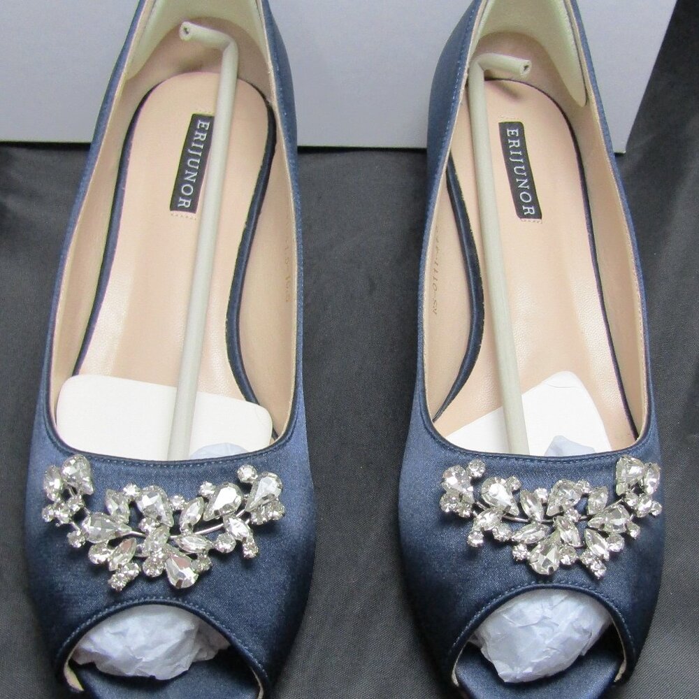 Erijunor Peep Toe Heels Size 10.5 Navy Satin Rhinestone Wedding Evening